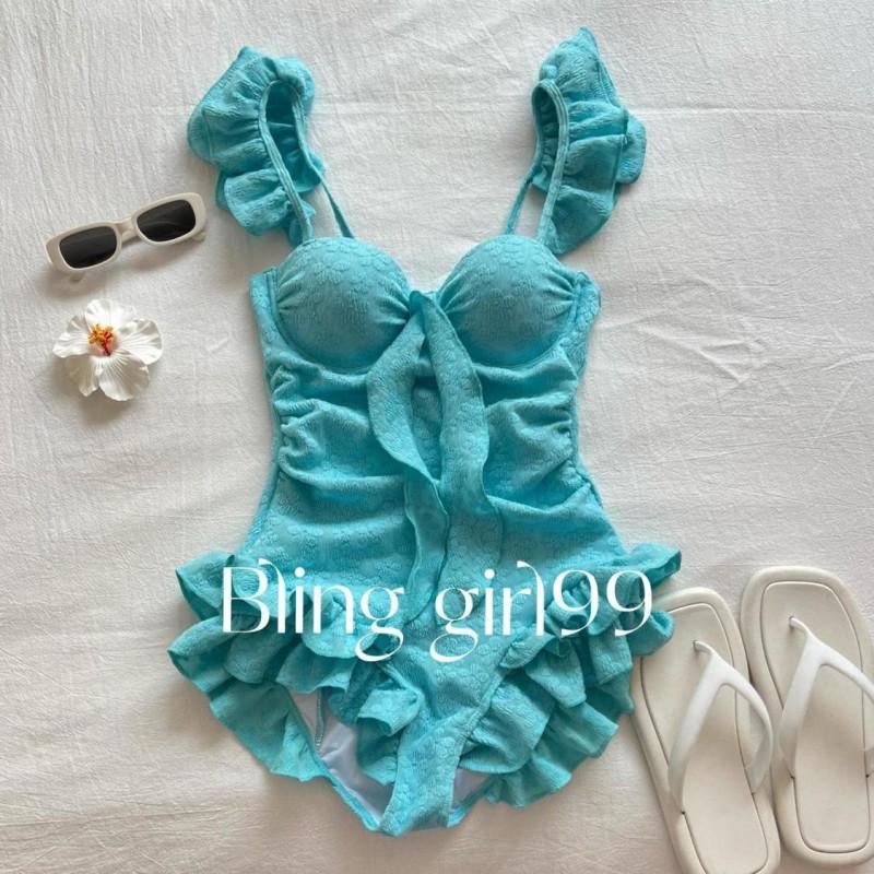 

Blueberry Juice Sweet Conservative One-piece Swimsuit Female Student Steel Holder Gathered To Show Slimming Covering Meat With Lotus Leaf Edge White XL синий