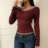 Womens V-Neck Cropped Cable Knit Sweater Slim Fit Long Sleeve Winter Top