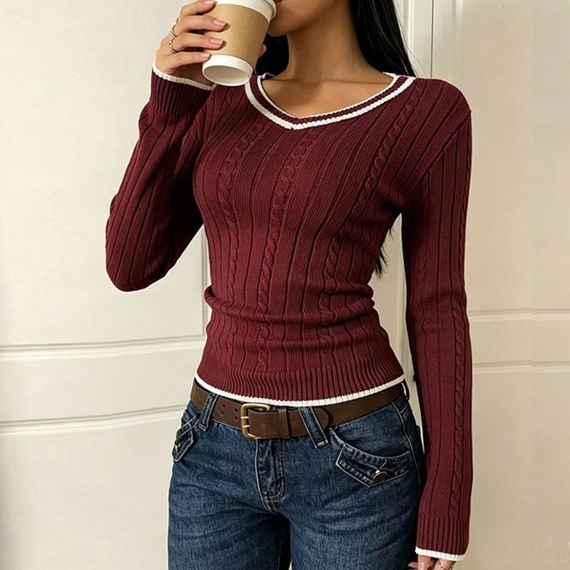 Womens V-Neck Cropped Cable Knit Sweater Slim Fit Long Sleeve Winter Top