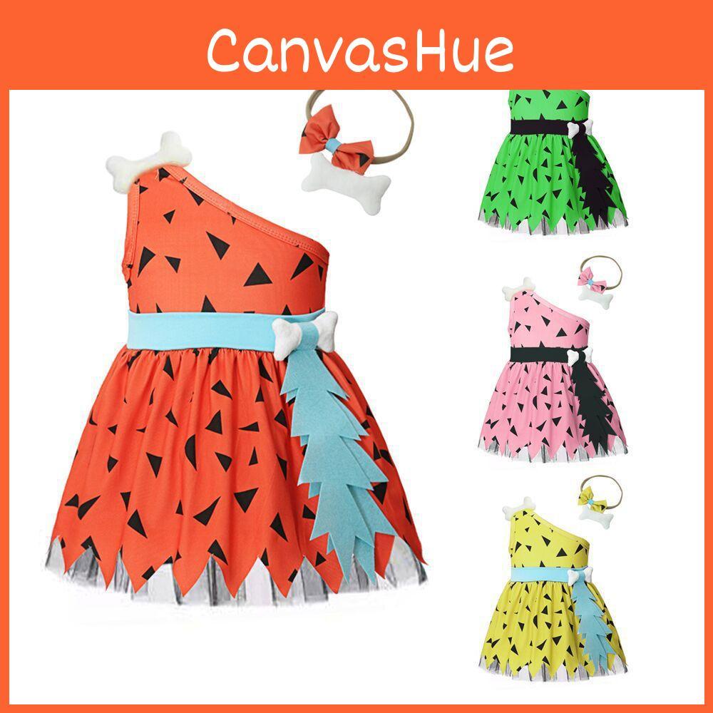 Vestito estivo per bambini The Croods per Halloween in cotone con fascia per capelli per neonati