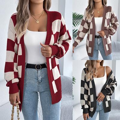 Women's Plaid Button Front Knit Cardigan Casual Loose Fit Long Sleeve Open Coat