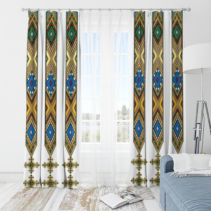 1 set of 2 pieces, purple-colored geometric rhombus patterned Ethiopian-style printed curtains, living room furniture decoration