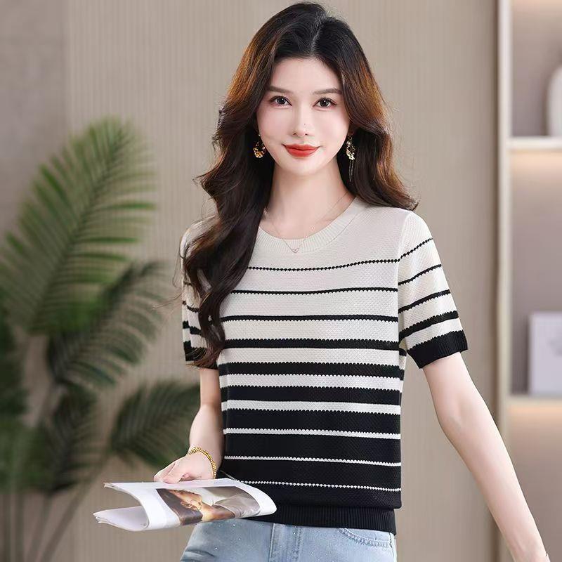 

Summer Women s Knitted T-shirt Round Neck Striped Thin Loose Knitted Top T-shirt M чёрный