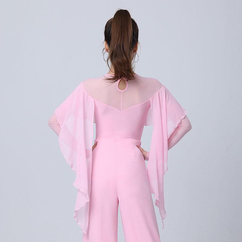 Damelivdrakt for moderne dans med mesh-sømmer og flytende volangtopp for balsalvals-øvelse