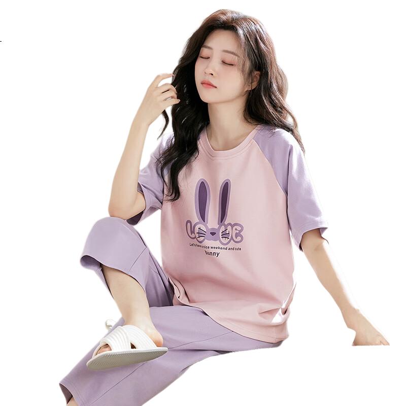 Bingxuemumian Women's Summer Pajamas, 2025 New Style with Built-In Chest Pads, Pure Cotton, Wearable Outside, Short-Sleeved, Plus Size, Home Wear Set