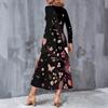 Women Plus Size Long Sleeve V Neck Dark Blue Butterfly Floral Printed A Line Midi Dress With Pockets