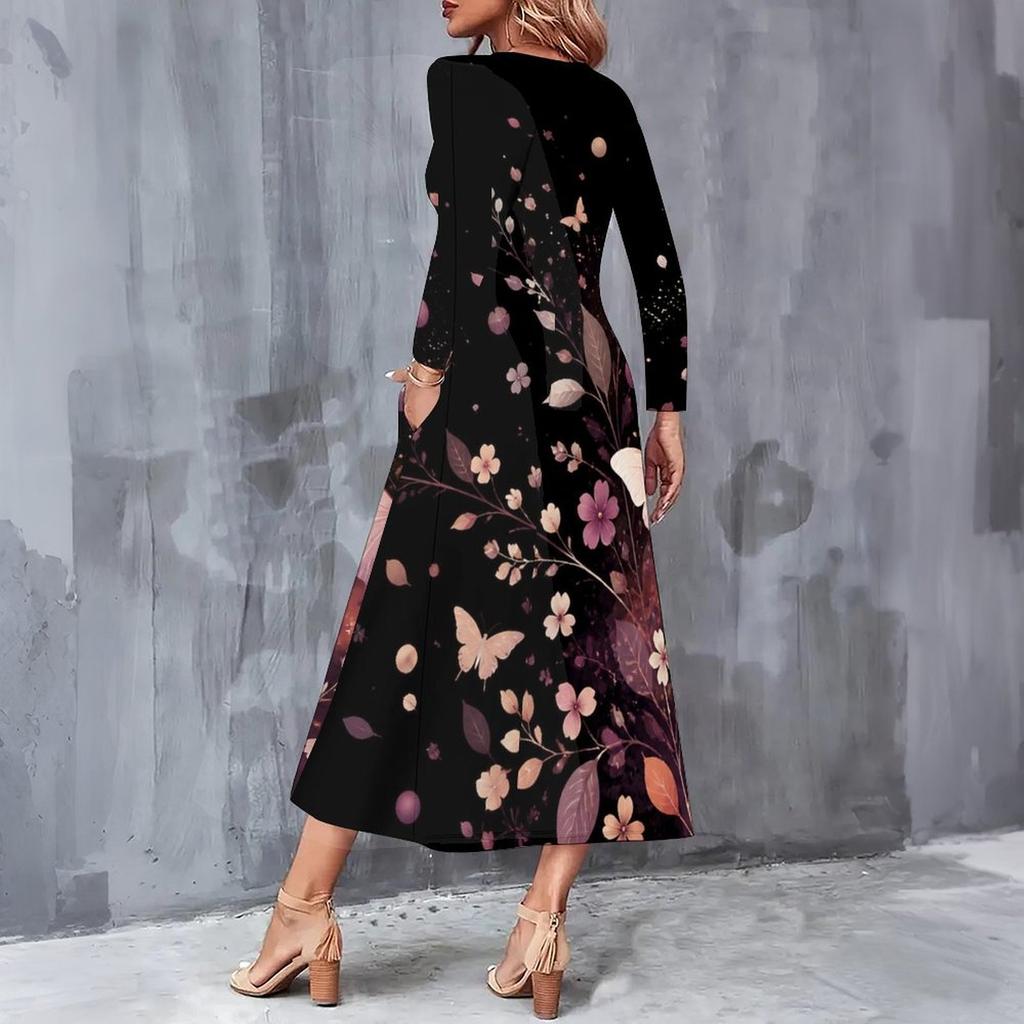 Women Plus Size Long Sleeve V Neck Dark Blue Butterfly Floral Printed A Line Midi Dress With Pockets