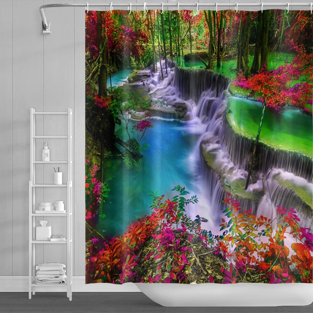 

Natural Scenery Landscape Shower Curtains 3D Seaside Bathroom Waterproof Polyester Bath Curtains Home Decor With Hooks W60H190(CM)-1 Pcs