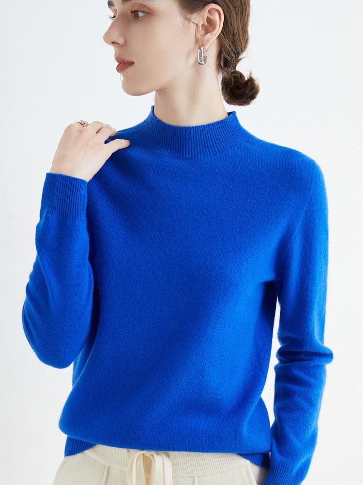 Women's Slim-Fit Autumn Sweater: Fashionable Half-High Neck, Versatile Pure Wool for Base Layer or Outerwear, Skin-Friendly