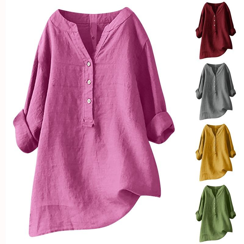 Women V Neck Linen Blend Shirt Half Button Long Sleeve Loose Fit Casual Blouse