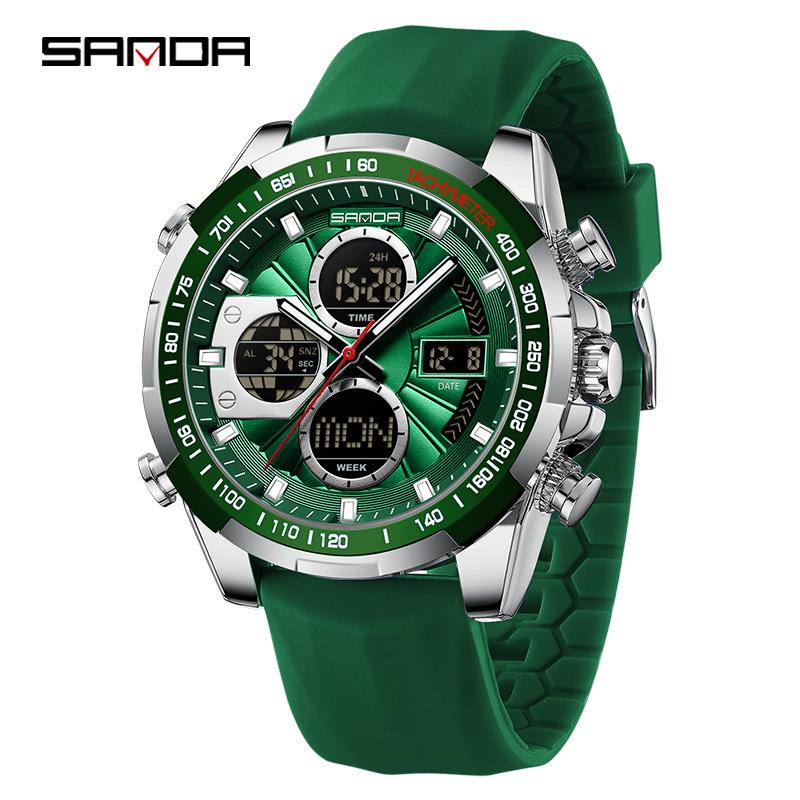 Sanda Dual Display Men's Multifunctional Sports Watch with Silicone Strap and Waterproof Feature