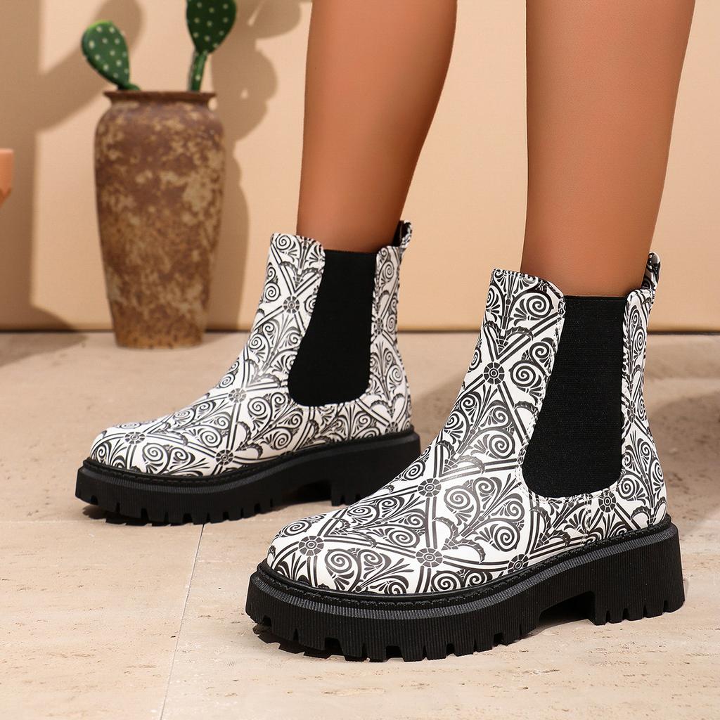 Round Head Printed Elastic Thick-soled Fashion Boots Autumn and Winter New Medium Tube Women's Boots Medium Heel Women