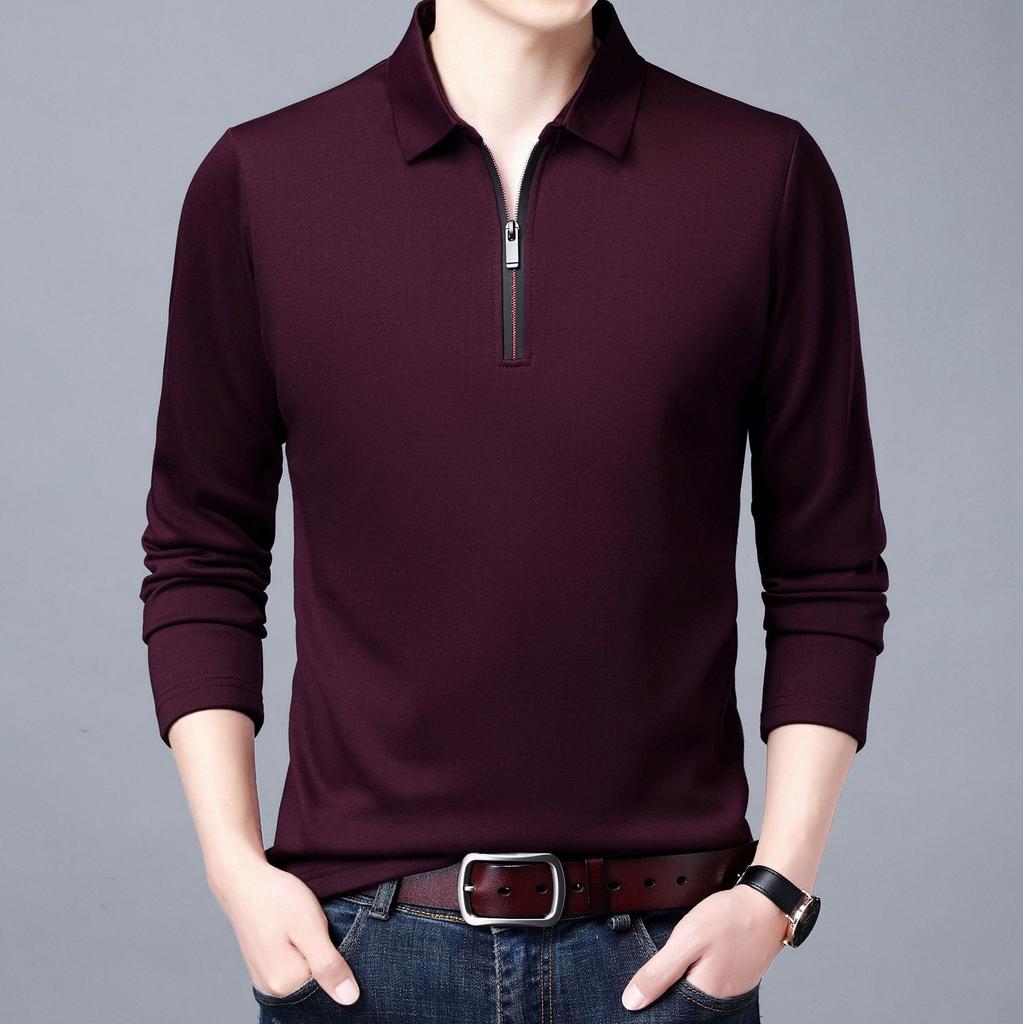 Large Size Men's Spring Solid Color Lapel Long-sleeved Polos Shirt