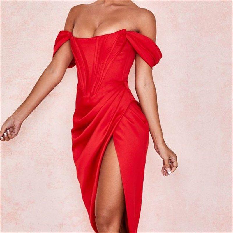 

High Split Maxi Dress Solid Evening Party Vintage Dresses A3 S