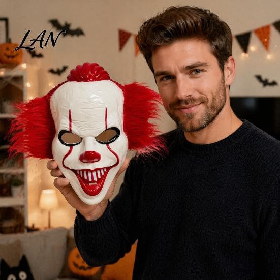 Theatrical Horror Mask Halloween Short Hair Clown Mask, Scary Joker Full Face Breathable Cosplay for Masquerade Party Costume Props