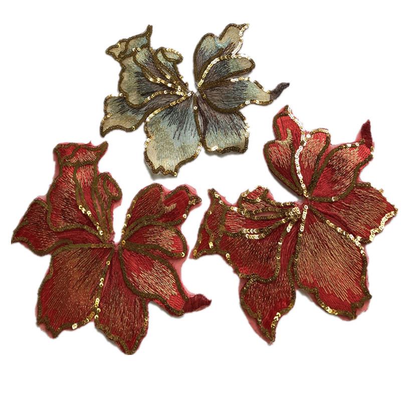 Large Red Gold Sequin Flower Embroidered Lace Patch for Clothing, Dresses, and DIY Decorations