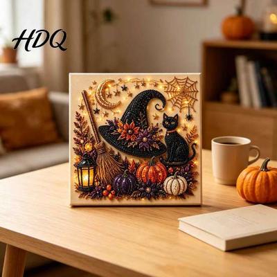Non Scary Halloween Decor Faux Pearl Art DIY Kit Spooky Cute 3D Diamond Painting Party Giveaways Craft Witch Black Cat Pumpkin Ghost Wall