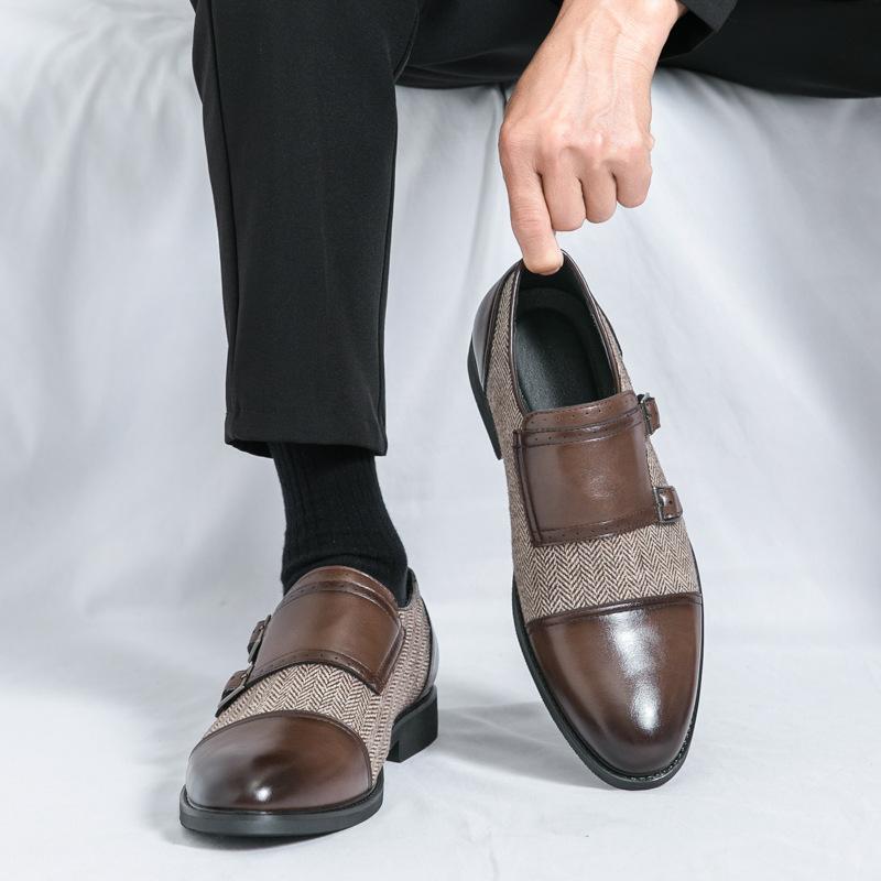 Foreign trade leather shoes men's winter retro British style hair stylist one pedal business leisure large size pointed Monk shoes