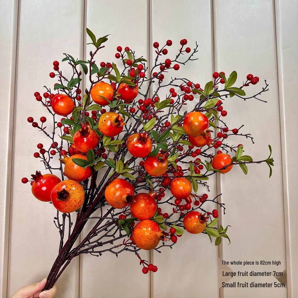 Dried Flower Arrangement with Artificial Persimmon, Pomegranate, and Ruyi Branches for Living Room Decor