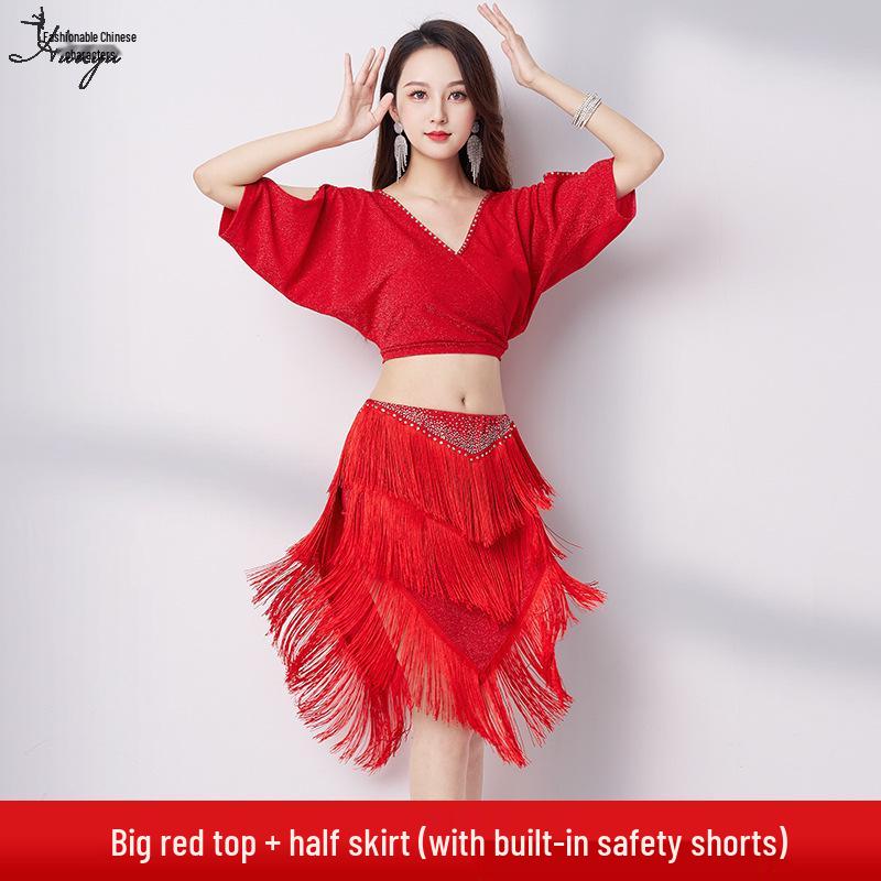 Summer Fringe V-Neck Belly Dance Set - Women's High-End Latin Performance Costume