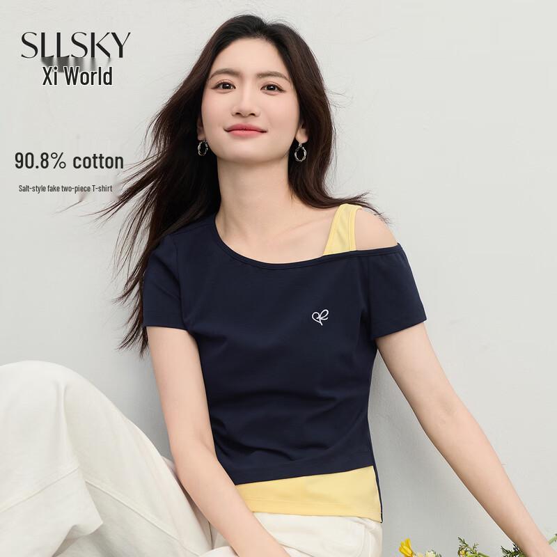 Sllsky Women s Faux Two-Piece Asymmetrical Shoulder T-Shirt M