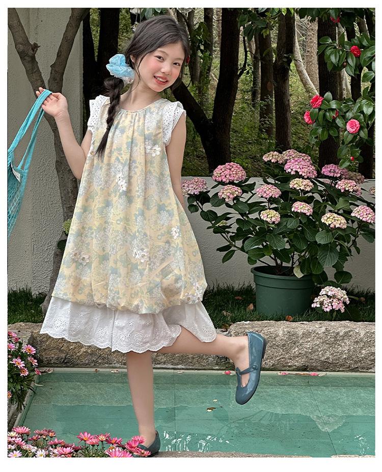 Girls' 2026 new sweet and cute sleeveless floral dress, summer lace patchwork mesh skirt, stylish long skirt