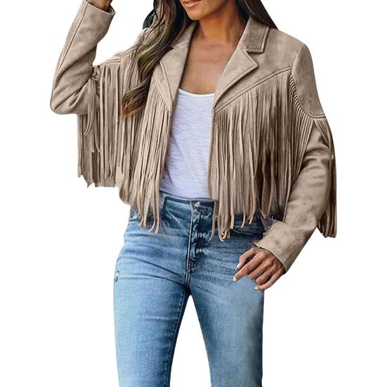 Women Coat Turn-down Collar Long Fringe Solid Color Long Sleeves Cardigan Loose