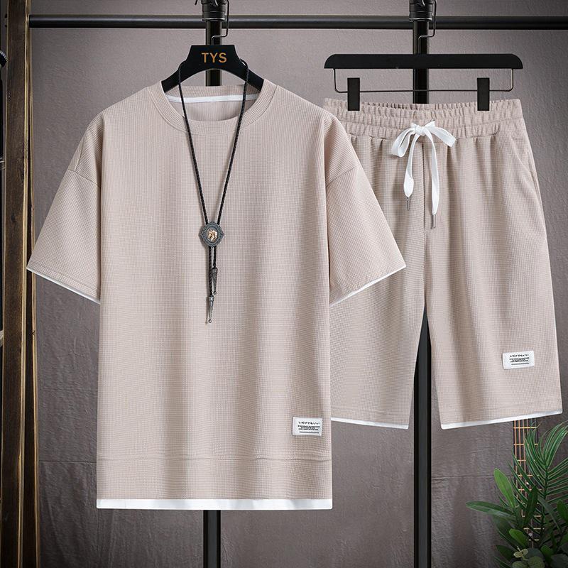 Men's Summer Waffle Short-Sleeve Sports Shirt and Shorts Two-Piece Set