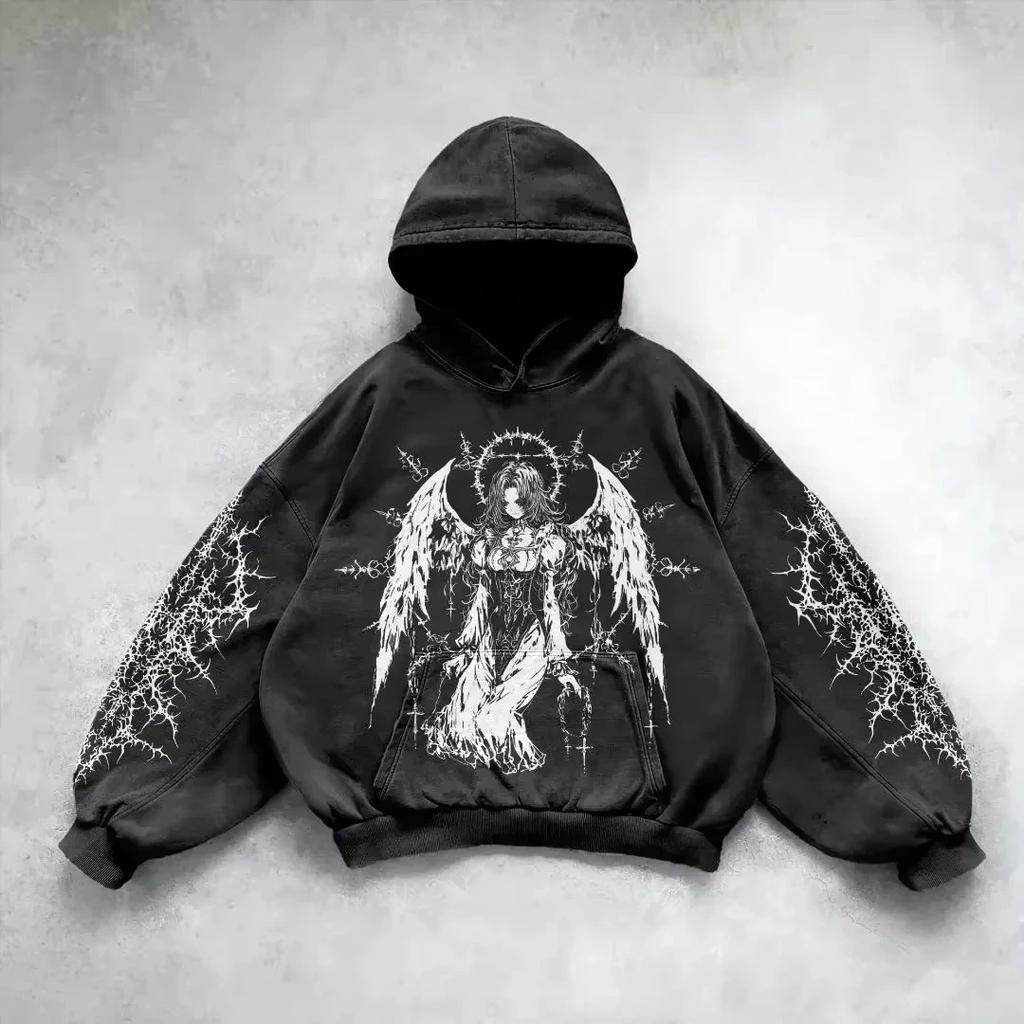 Retro Gothic Grafikdruck Hip Hop Hoodie für Y2k Grunge Punk Lässiger Lockerer Pullover Damen Streetwear Sweatshirt Hoodies