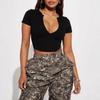 Women Sexy Deep V Neck Cropped Short Sleeve Slim Fit Casual Sports T Shirt