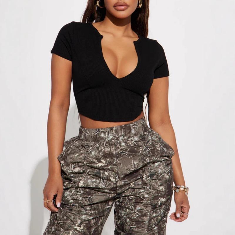 Women Sexy Deep V Neck Cropped Short Sleeve Slim Fit Casual Sports T Shirt