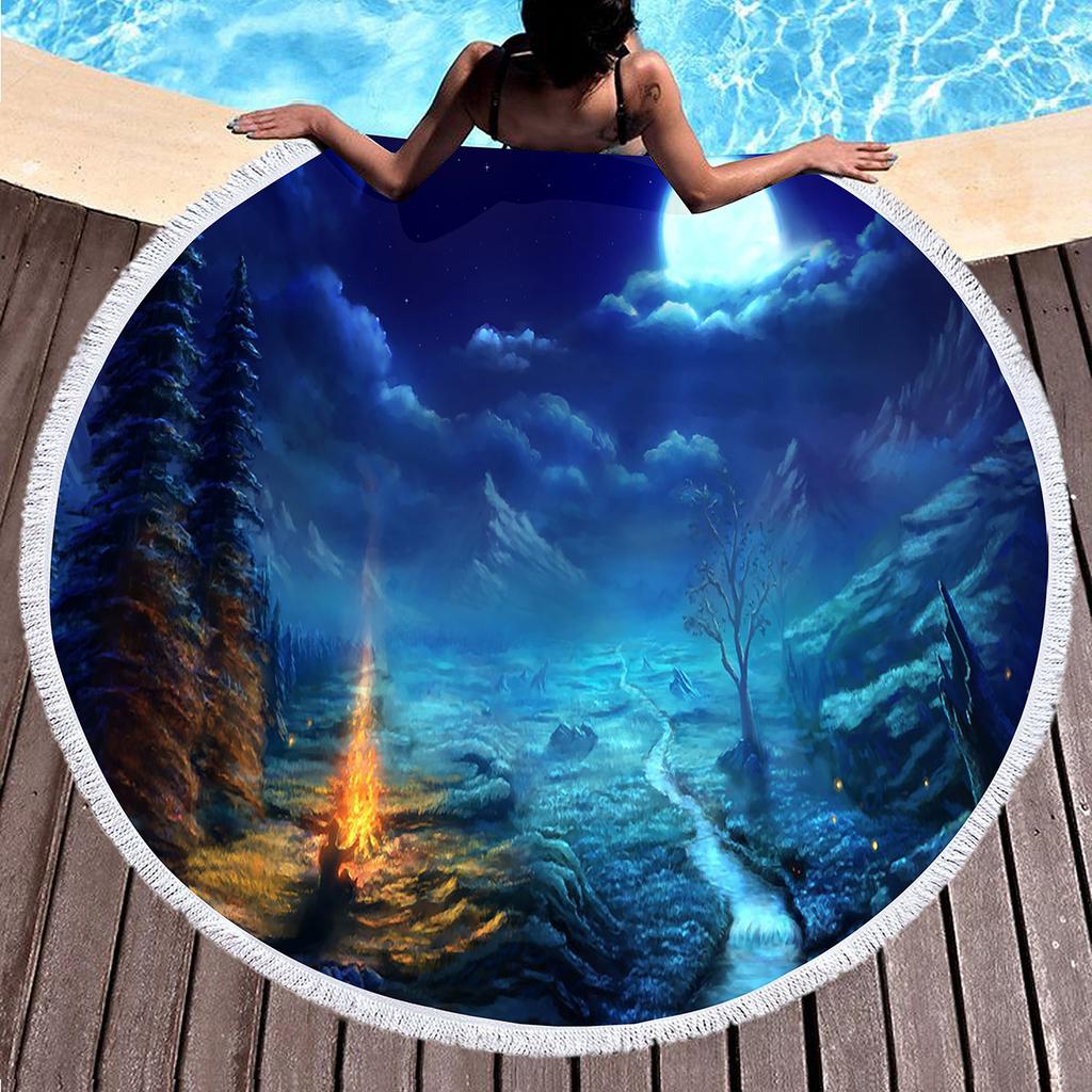 Celestial Bodies Moon Blue Night Sky Round Beach Blanket Super Soft Polyester Absorbent and Sandproof Beach Towel Picnic Blanket