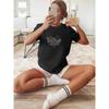 European Size Plus Size Bohemian Floral Sun Heart Print T-Shirt - Round Neck Short Sleeve Top for Women, Machine Washable, Spring Summer Fall Fashion