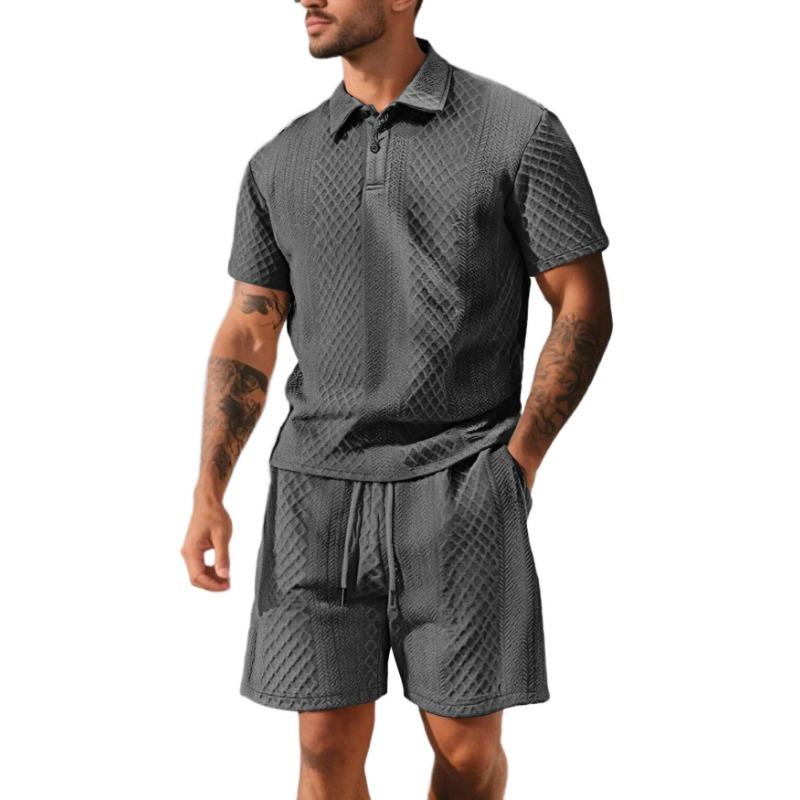 Mens Casual Two Piece Outfit Textured Polo Shirt And Shorts Set