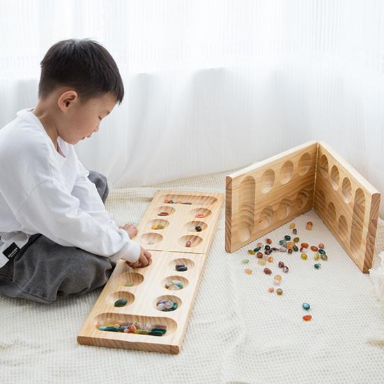 Hra Bamboo Mancala se skládací dřevěnou deskou pro 2 hráče Barevná šachová hračka z přírodního kamene Cestovní děti Dospělí Vzdělávací figurky oblázků Strategická hra