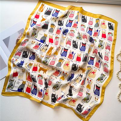 Silk Shawl Print Headscarf Cat Hair Wrap Neckerchief Female Satin Square Scarf For Women Headband Foulard Hijab Bandana