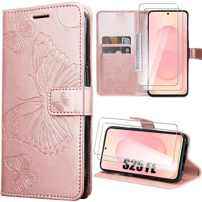Coque de Protection - BOOLING - pour Samsung Galaxy S25 FE - Simili Cuir Motif Papillon Rose - 2 Vitres