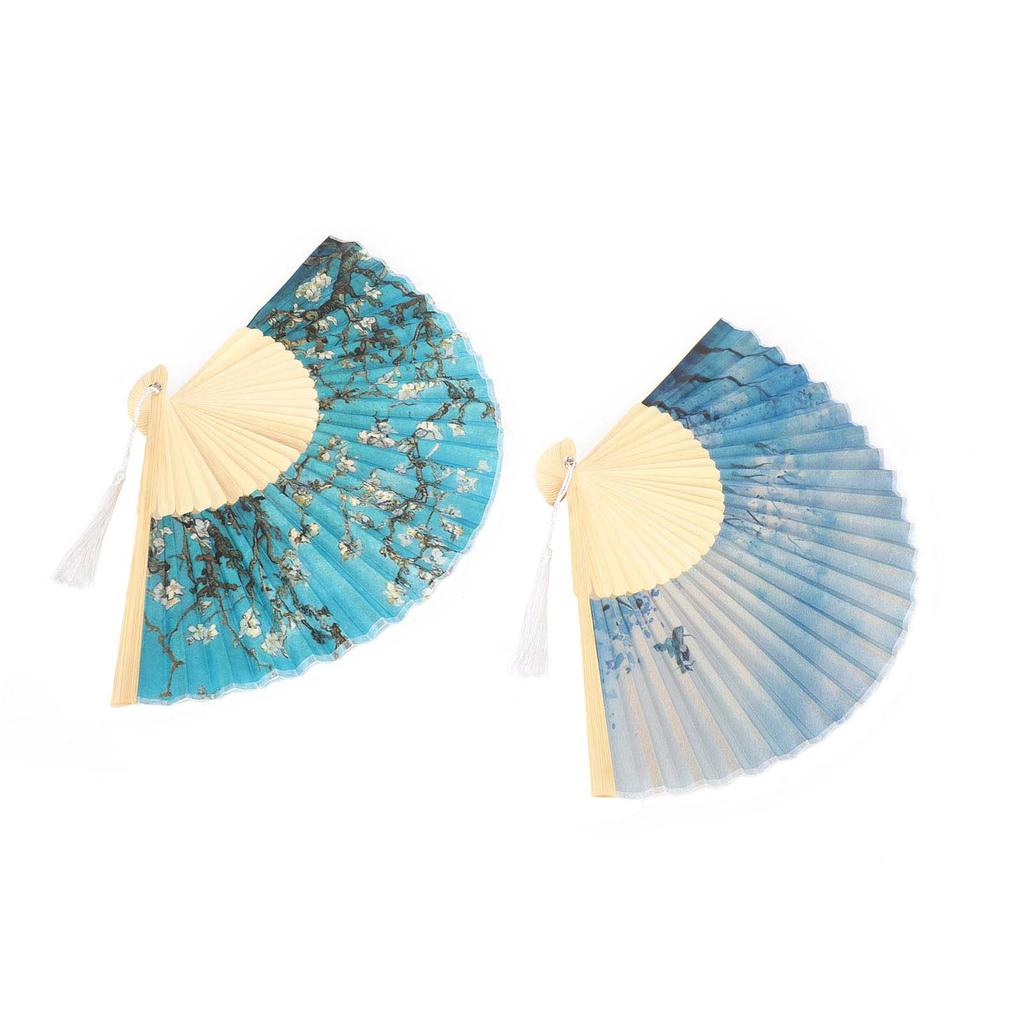 2Pcs Folding Fan Manual Bamboo Hand Held Apricot Blossom Wash Painting Weather Decoration Craft