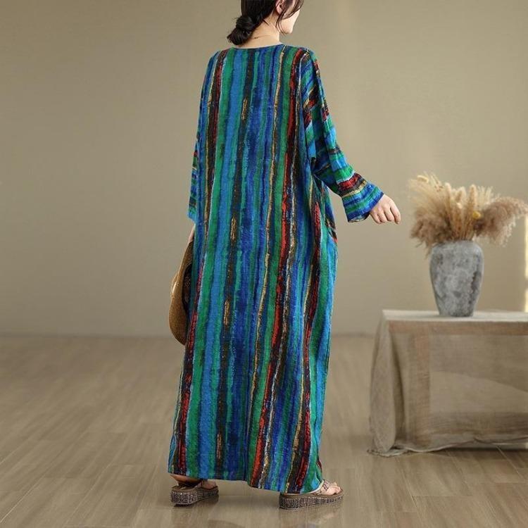 Neu im Frühling Herbst Große Größen Vintage Streifen Langarm Maxikleid Damen Baumwolle Locker Lässig Kleid