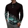 Music Piano Print Long Sleeve Polo, Trendy Casual Men's Top