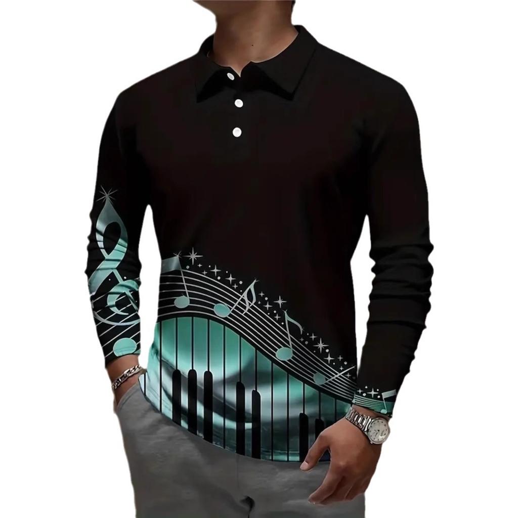 Music Piano Print Long Sleeve Polo, Trendy Casual Men's Top