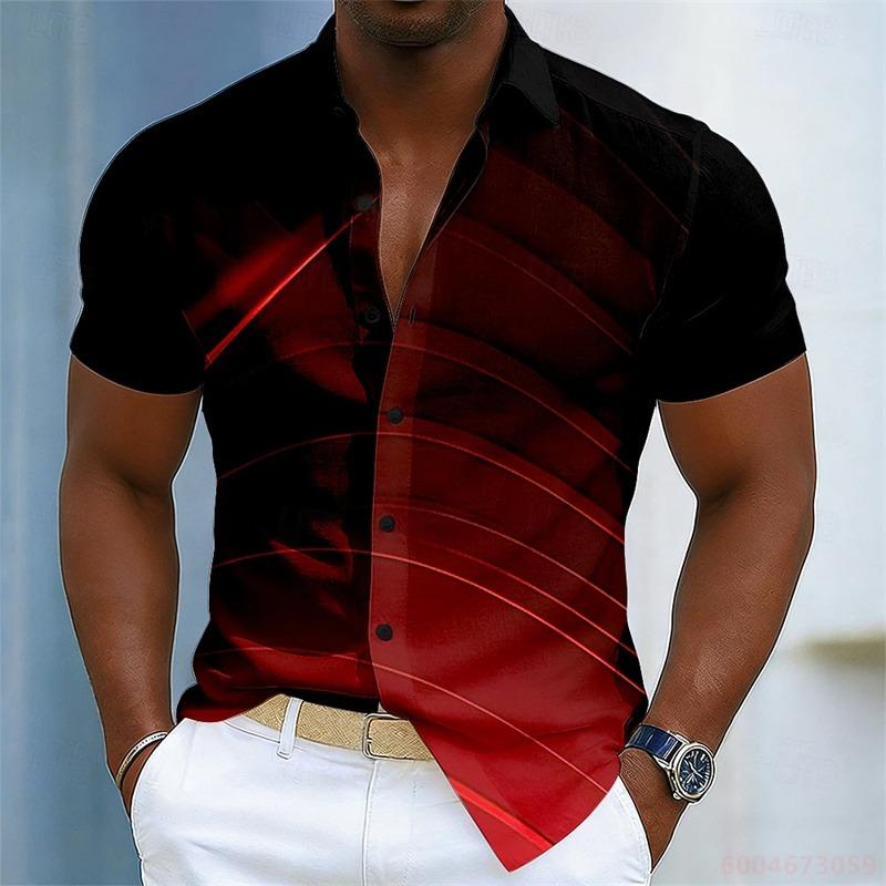Herren Color-Blocked Abstrakt Gestreiftes Kurzarmhemd, Sommer Mode Lässiges Herrenhemd, Hawaiihemd