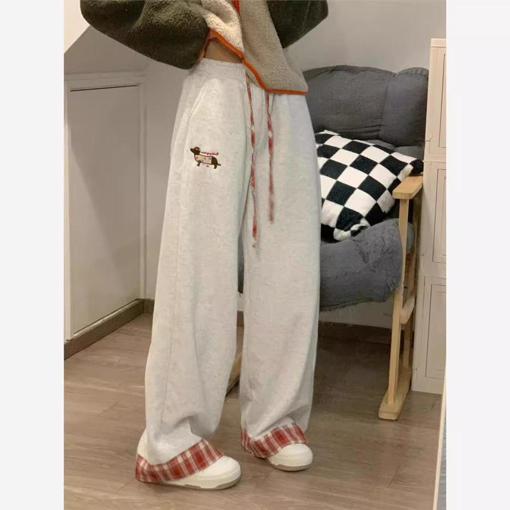 Kids' Retro American Wide-Leg Plaid Sweatpants - Women's Spring Straight-Leg Spliced Style