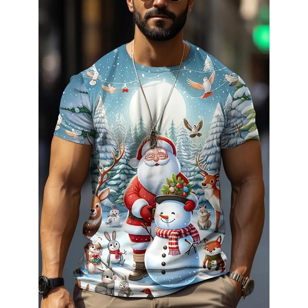 3D Printed Snowman Pattern Men's Spring Fashion Casual Christmas Theme Short-Sleeve T-Shirt, Loose and Comfortable Top