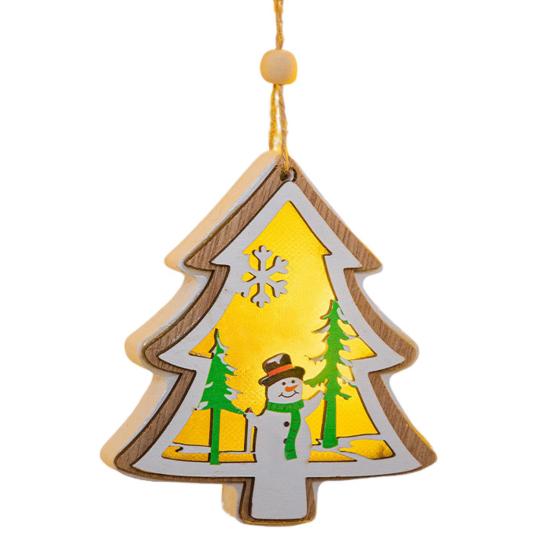 Yousheng Wooden Christmas Decor with LED Light 3D Carved Hanging Wood Star/Village House/Bell/Gift Box Ornament for Xmas Tree Decor