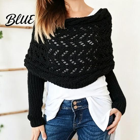 Double Sleeved Cardigan Scarf Sweater with Sleeves for Women Knitted Cable Wrap Shawl Casual Chic Oversized Shawl Shrugs Autumn Winter Retro Hollow