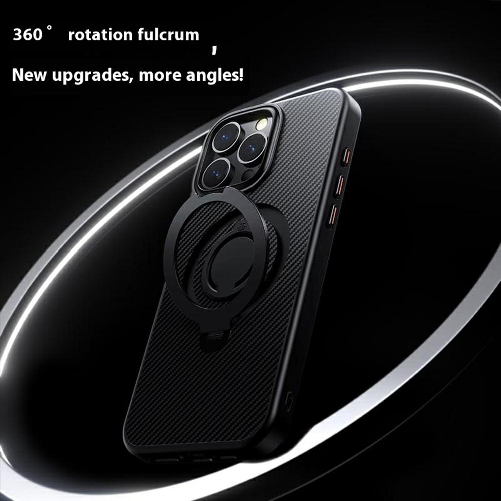 For iPhone 16 Pro Max Case Compatible with MagSafe Kickstand Carbon Fiber Texture PC + TPU Back Cover with Silicone Ring