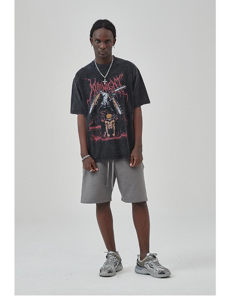 ARTIE Men's Anime Print Loose-Fit Ripped Washed T-Shirt