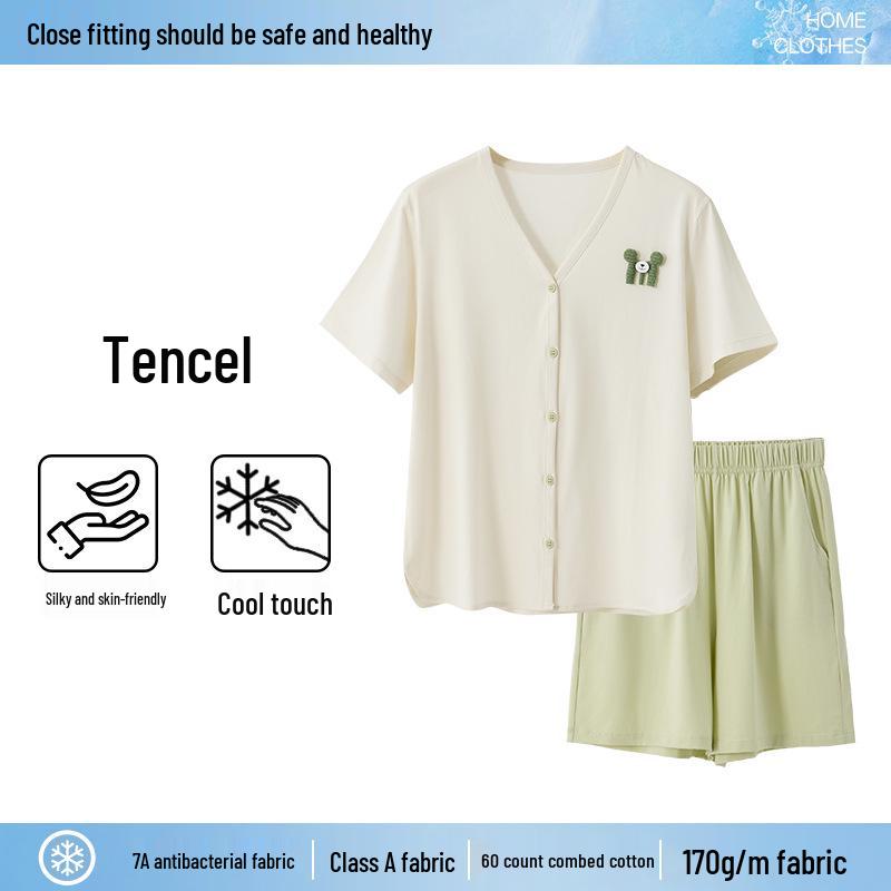 

Women s V-Neck Ice Silk Cardigan Pajamas - Summer Short-Sleeved Shorts Set with Little Bear Design L (110-130 lbs) белый/миндальный