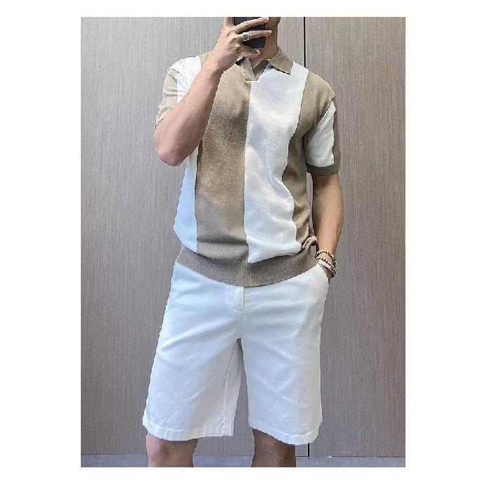 Ice Silk Short Sleeve T-Shirt for Men Korean Style Trendy New Summer Color-Block Personality Tee Slim Fit Knitted Round Neck Short T-Shirt for Men